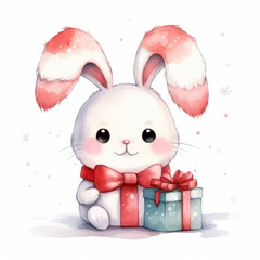 Kawaii cute rabbit Cartoon christmas on white background water color style