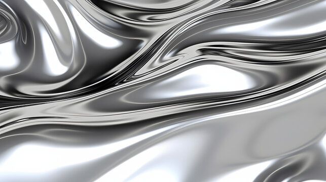 glossy silver metal fluid glossy chrome mirror water effect background backdrop texture 3d render illustration. .