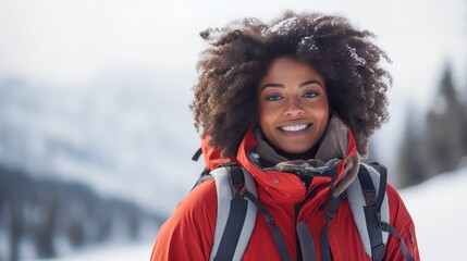 African American woman in warm clothes with blurred snow covered landscape background. Winter hiker or cross country skier