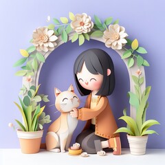Cat and girl hugging.Cute girl and cat.. Vector illustration. Paper cut and craft style.