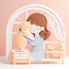 Cat and girl hugging.Cute girl and cat.. Vector illustration. Paper cut and craft style.