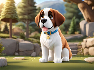 3D Toon Cute St Bernard Dog Sitting Rock Wall Steps and Forest in Background Forest