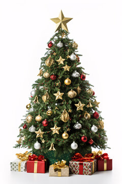Photo of a green Christmas tree, decorated with a red ribbon, gold stars and gold balls. White background. Happy Christmas.