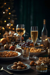 Fototapeta na wymiar Festively set table with glasses, champagne and snacks. Christmas tree with bokeh on dark background