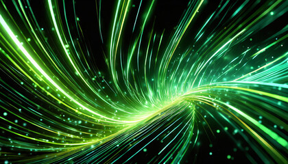 abstract wallpaper. Green neon lines over black background. Streaming energy. Particles moving and leaving glowing tracks
