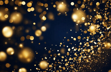 Fototapeta na wymiar Elegant Festivity: A Luxurious Abstract Background Adorned with Dark Blue and Gold Particles, Evoking the Radiance of Christmas Golden Light Shine