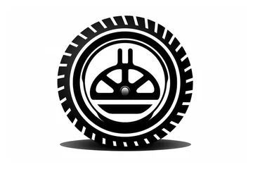 Fotobehang Circular logo emulating a car wheel with a tool in the center. Isolated on transparent background, PNG. Concept of mechanic workshop, car repair and maintenance. © aguadeluna