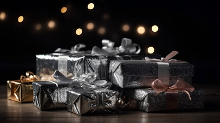 Christmas theme. Gift boxes wrapped in silver colored paper with ribbons. Christmas tree on background.