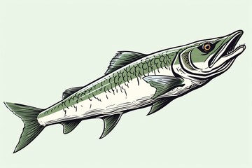Cartoon-style line drawing of a Japanese barracuda fish with halftone dots shading on isolated background in black and white. Generative AI - obrazy, fototapety, plakaty