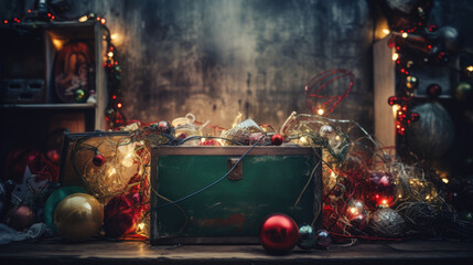 A box full of tangled and colorful fairy lights and other christmas ornaments and decorations - Powered by Adobe
