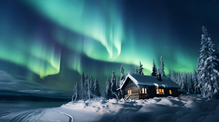 Snowy Serenity, Northern Lights Illuminating a Finnish Winter Cottage Under the Milky Way
