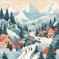Winter landscape with snow covered village. Vector style illustration in retro style. Generative Ai