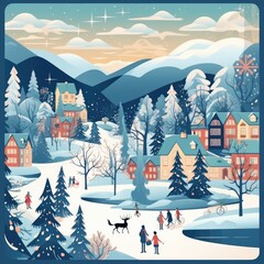 Winter village landscape with houses and animals. Vector style illustration in flat style. Generative Ai