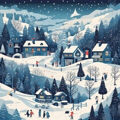 Winter village with snow-covered houses. Vector style illustration in cartoon style. Generative Ai