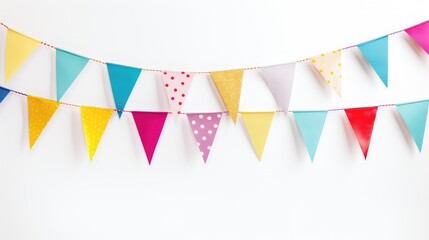 Fototapeta premium Birthday Bash Adornments - Colorful Bunting Flags as Celebration Decor on White Background