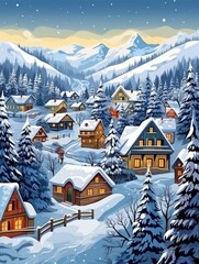 Winter village with snow covered houses. Christmas landscape. Vector style illustration. Generative Ai