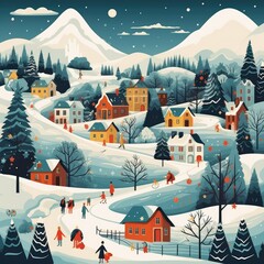 Winter landscape with houses, trees and snowflakes. Vector style illustration. Generative Ai