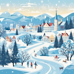 Fototapeta premium Winter landscape with houses, trees, snowflakes, sleighs. Vector style illustration. Generative Ai