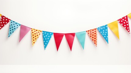 Fototapeta premium Birthday Bash Adornments - Colorful Bunting Flags as Celebration Decor on White Background