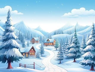 Winter landscape with snow covered fir trees and wooden houses. Vector style illustration. Generative Ai