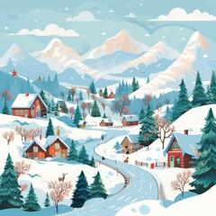 Winter mountain landscape with houses and road. Vector style illustration in flat style. Generative Ai