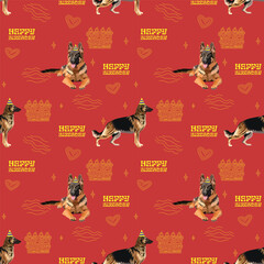 German shepherd birthday pattern. Happy Birthday Pattern with dogs in a party hat, cake, seamless Holiday background with birthday-related icons. birthday minimalistic style wrapping paper, wallpaper
