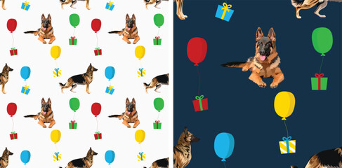 Happy Birthday Pattern with dogs and balloons, seamless texture. german shepherd, red fur, gift wallpaper present. Kids, children and dog lovers design. Vibrant colors, playful design, abstract.   - obrazy, fototapety, plakaty