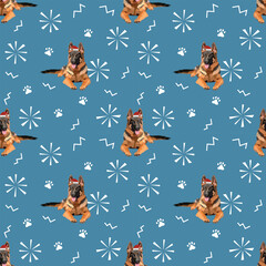 German shepherd Breed. Merry Christmas seamless pattern with dogs in hats and paws, holiday texture. Square format, poster, packaging, textile, wrapping paper. Trendy hand-drawn winter design. - obrazy, fototapety, plakaty