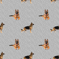 German shepherd sitting and in profile dog seamless pattern.Hand-drawn dog on a repeatable grey background with snow.Cute abstract texture with happy dog illustration. Cartoon style. Popular character