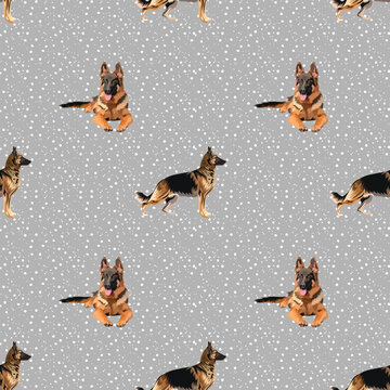 German shepherd sitting and in profile dog seamless pattern.Hand-drawn dog on a repeatable grey background with snow.Cute abstract texture with happy dog illustration. Cartoon style. Popular character