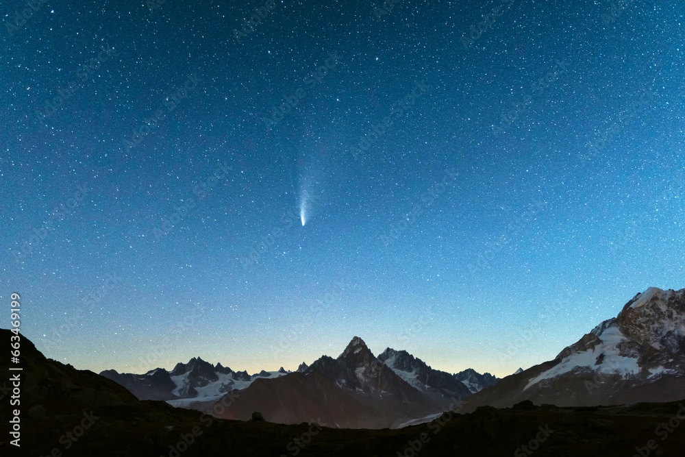 Wall mural picturesque night starry view of monte bianco mountains range in french alps. vallon de berard natur