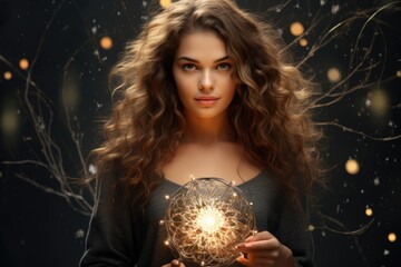 A woman holding a crystal ball in her hands - obrazy, fototapety, plakaty