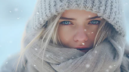 Deurstickers Gros plan sur le visage d'une femme en hiver avec un bonnet et une écharpe. En premier plan, des flocons de neige.  © Gautierbzh