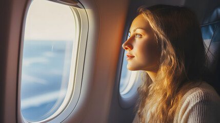 Une femme en train de regarder le hublot depuis l'intérieur d'un avion lors de son voyage. 