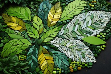 A colorful mosaic made entirely of different shades of green leaves