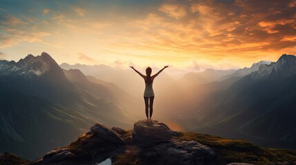  a woman standing on top of a mountain with her arms outstretched.  generative ai