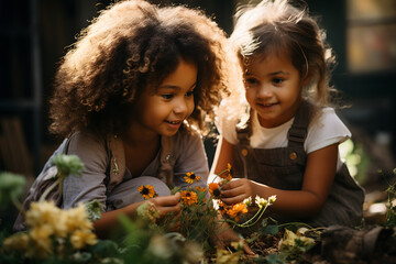 Fototapeta premium Cute little girls planting flowers in the garden. Selective focus. ia generated