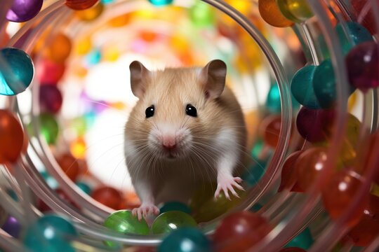 A hamster exploring a labyrinth of translucent tubes filled with colorful marbles