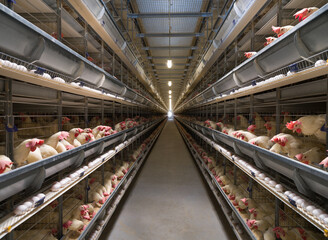 Egg production factory. White hens lay eggs in a fully automated production system. Industrial egg...