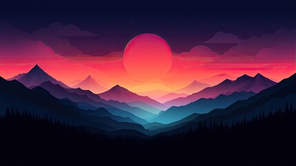  the sun is setting over a mountain range with trees and mountains in the foreground.  generative ai