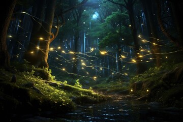 A long-exposure shot of fireflies lighting up a dark forest