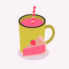 Flat Design Illustration with Cup  Hot Drink and Strawberry Slice Pie 