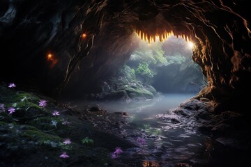 A secluded cave entrance illuminated by bioluminescent fungi - obrazy, fototapety, plakaty