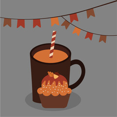 Flat Design Illustration with Cup  Hot Chocolate and Cupcake Acorn,Decoration