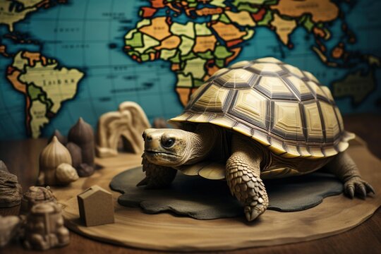 A tortoise with a hand-painted shell crawling over a map of the world