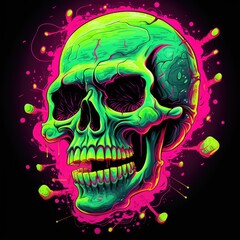 A vibrant and striking skull against a dark backdrop