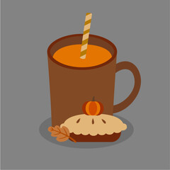 Flat Design Illustration with Cup Pumpkin Drink and Pumpkin Pie,Leaf