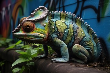 Chameleon camouflaged on a graffiti-covered urban wall