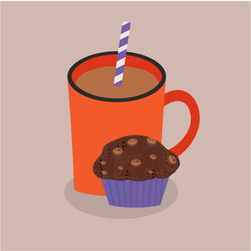 Flat Design Illustration with a cup of Hot Chocolate and Muffine Chocolate