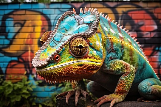 Chameleon camouflaged on a graffiti-covered urban wall
